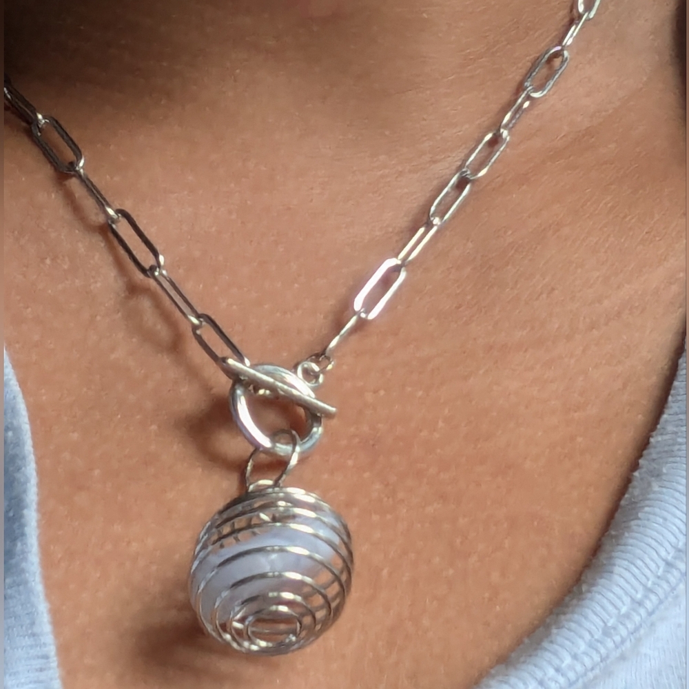 Blue Lace agate pendant with paper clip necklace